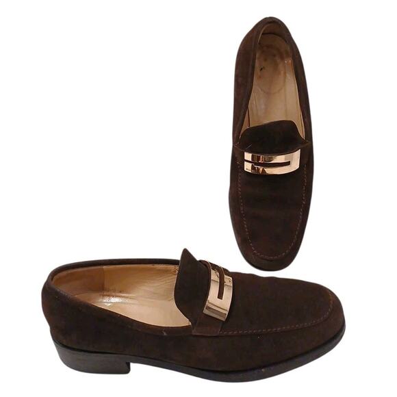 Gucci Loafers Slip-On Flats Women's Sz 9 Brown Gold Suede Leather Shoes Classic - Picture 1 of 16